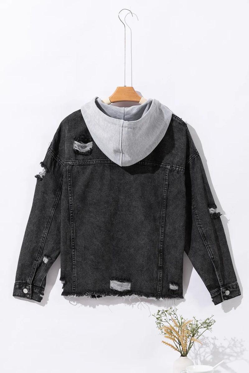 Keira Distressed Drawstring Long Sleeve Hooded Denim Jacket