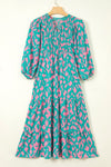 Malaysia Smocked Printed Tie Neck Long Sleeve Dress