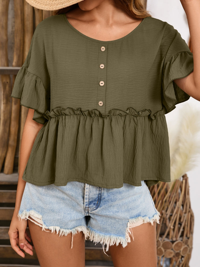 Indie Frill Decorative Button Round Neck Half Sleeve Blouse