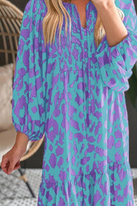 Malaysia Smocked Printed Tie Neck Long Sleeve Dress