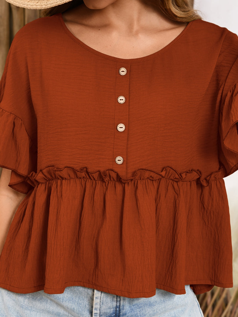 Indie Frill Decorative Button Round Neck Half Sleeve Blouse