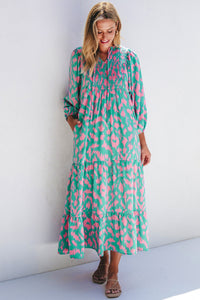 Malaysia Smocked Printed Tie Neck Long Sleeve Dress