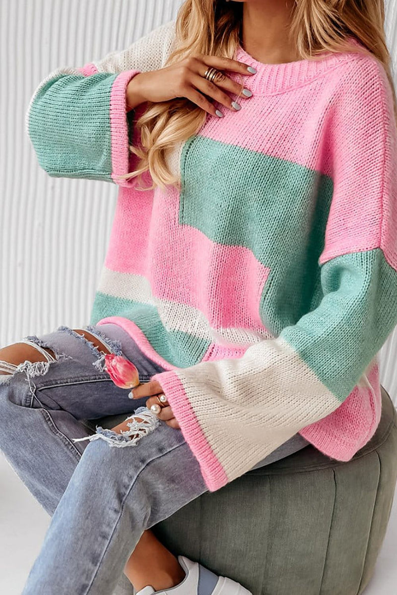 Nova Color Block Round Neck Drop Shoulder Sweater