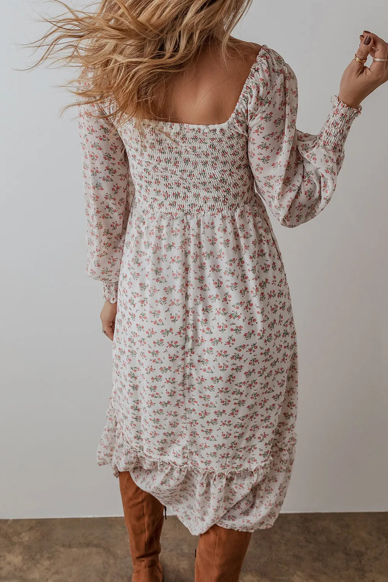 Amaya Smocked Floral Square Neck Long Sleeve Midi Dress