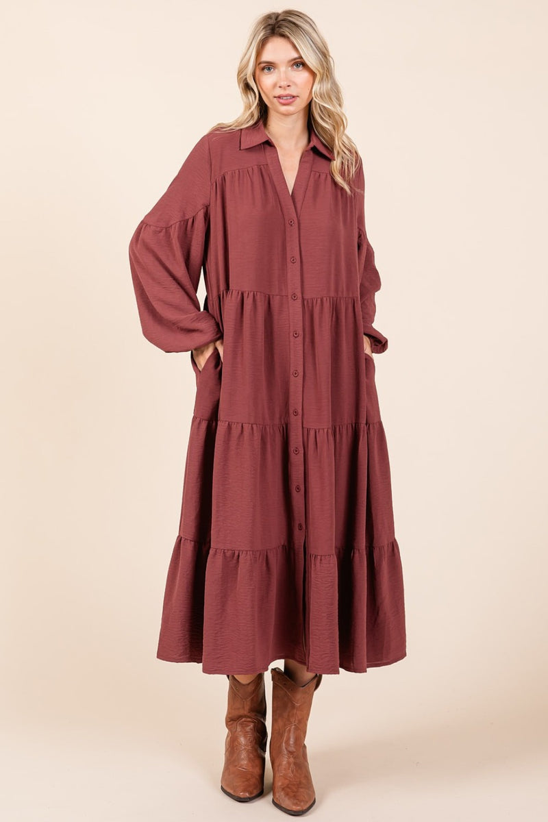 Vada Tiered Button Down Long Sleeve Midi Dress