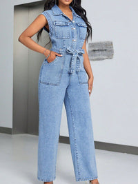 Raya Tied Half Button Denim Jumpsuit with Pockets