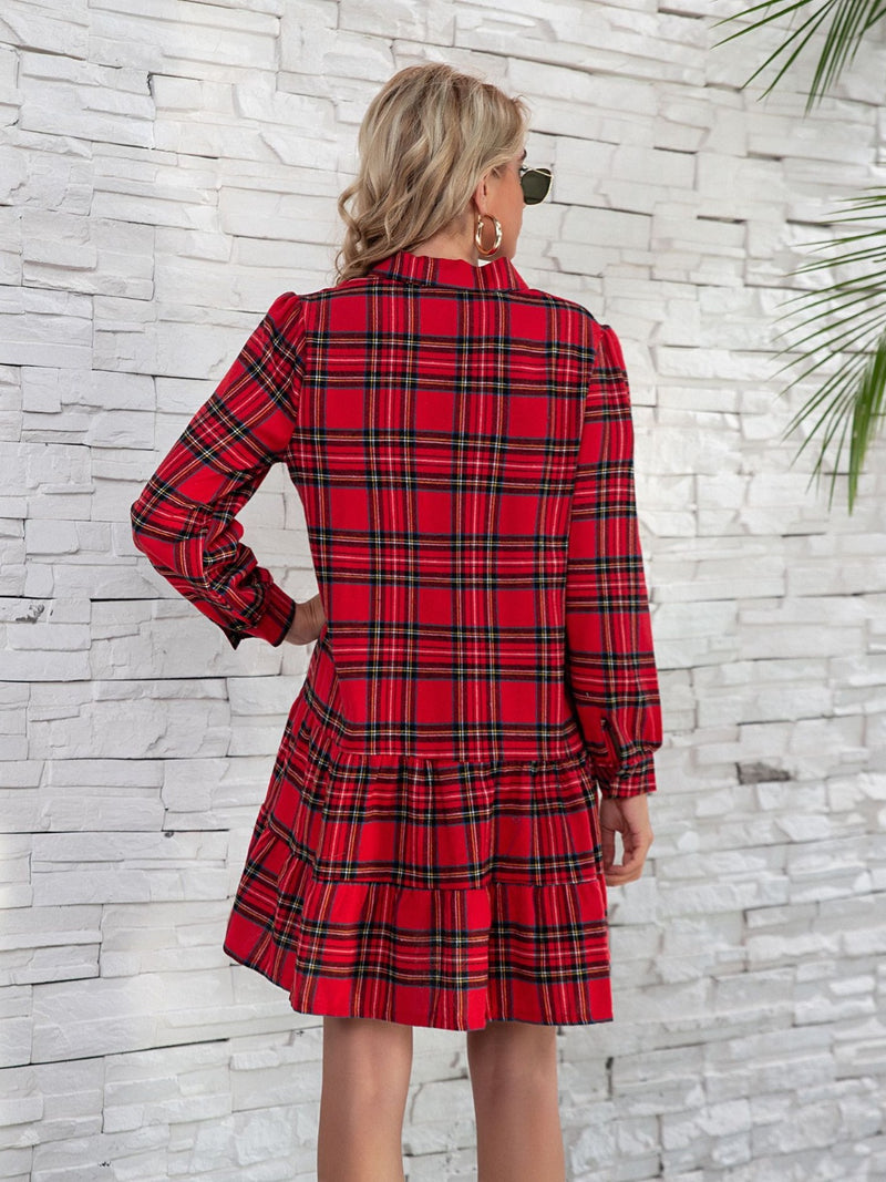 Rhea Ruffle Hem Plaid Button Down Long Sleeve Dress