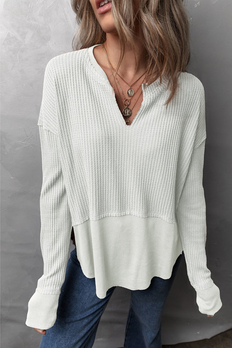 Miriam Waffle-Knit Exposed Seam Notched Long Sleeve Top