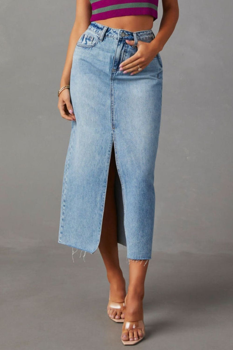 Heaven Slit Raw Hem Midi Denim Skirt