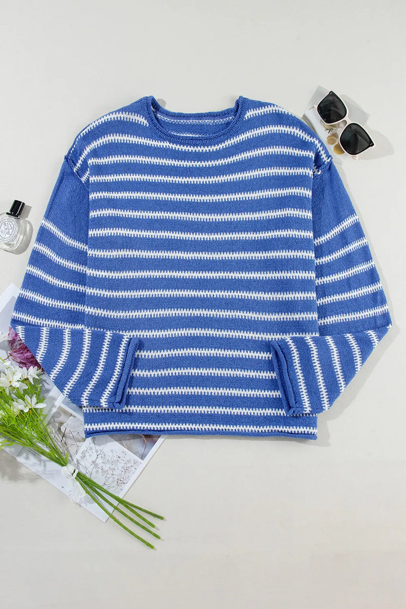 Saige Striped Round Neck Dropped Shoulder Sweater