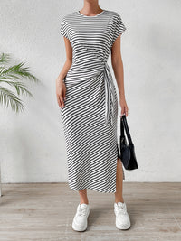 Salma Tied Striped Round Neck Short Sleeve Tee Dress