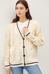 Louisa Contrast Trim Cable-Knit V-Neck Cardigan