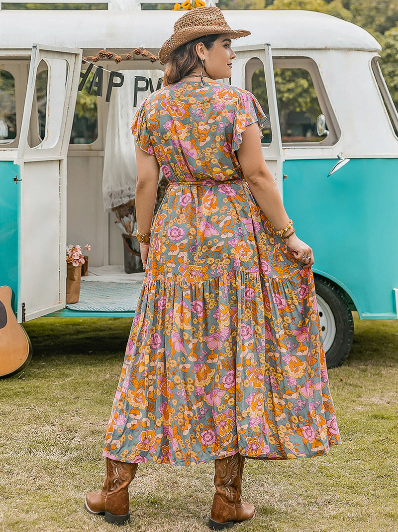 Melina Plus Size Ruffled Printed Cap Sleeve Dress