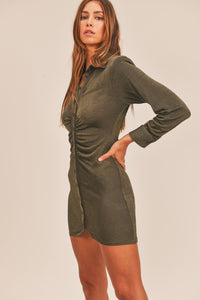 Kora Front Ruched Button-Down Skinny Mini Shirt Dress