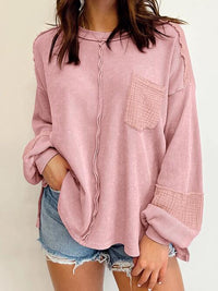 Addison Waffle-Knit Exposed Seam Lantern Sleeve Blouse