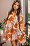 Kehlani Printed Tiered Half Button Lantern Sleeve Mini Dress