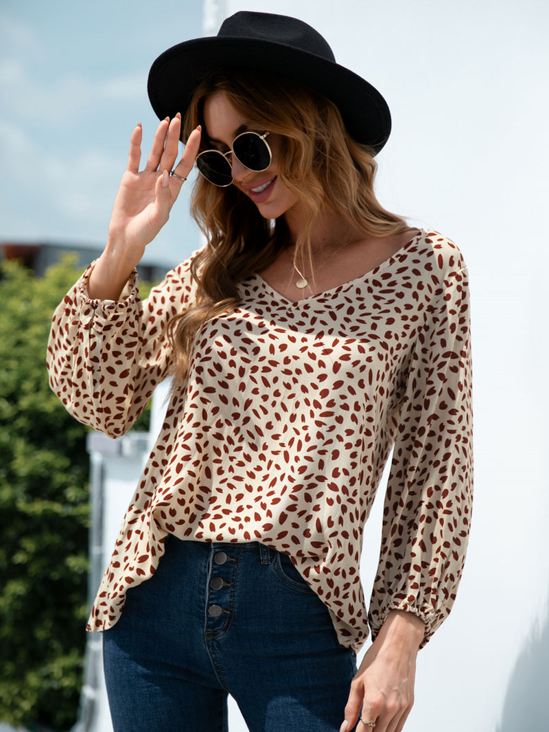 Printed V-Neck Balloon Sleeve Blouse