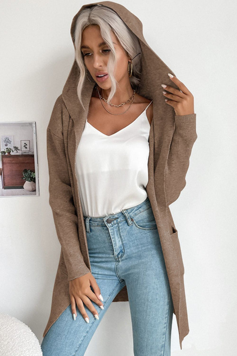 Ribbed Open Front Hooded Cardigan with Pockets