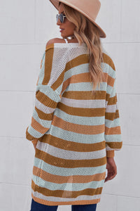 Striped Long Sleeve Openwork Cardigan