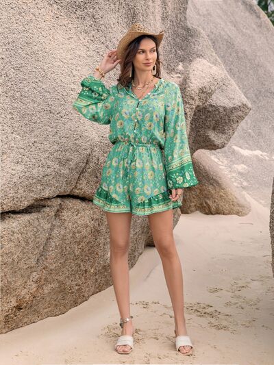 Catalina Printed Ruffled Balloon Sleeve Romper