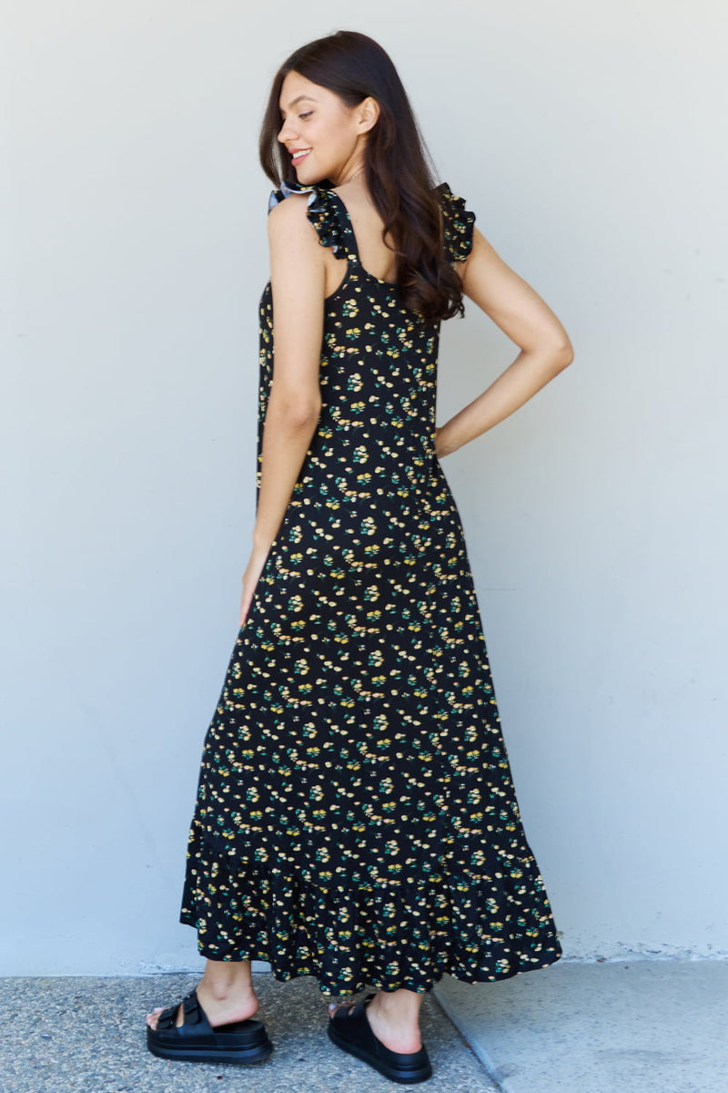 Amber Ruffle Floral Maxi Dress in  Black Yellow Floral