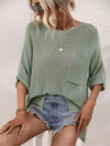 Boat Neck Cuffed Sleeve Slit Tunic Knit Top