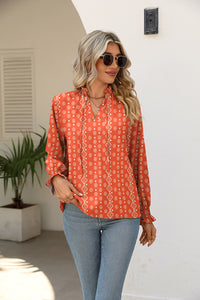 Printed Tie Neck Flounce Sleeve Blouse