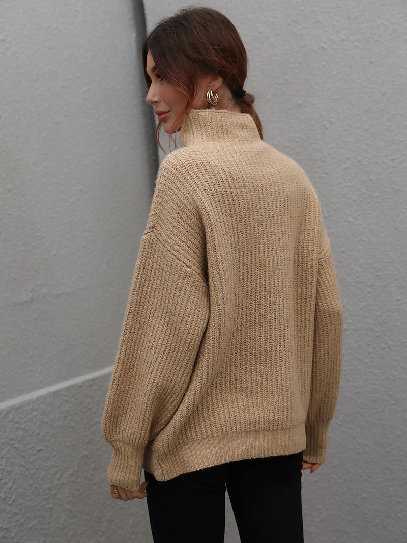 High Neck Balloon Sleeve Rib-Knit Pullover Sweater