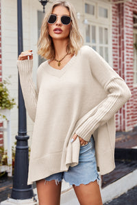 V-Neck Dropped Shoulder Ribbed Long Sleeve Sweater