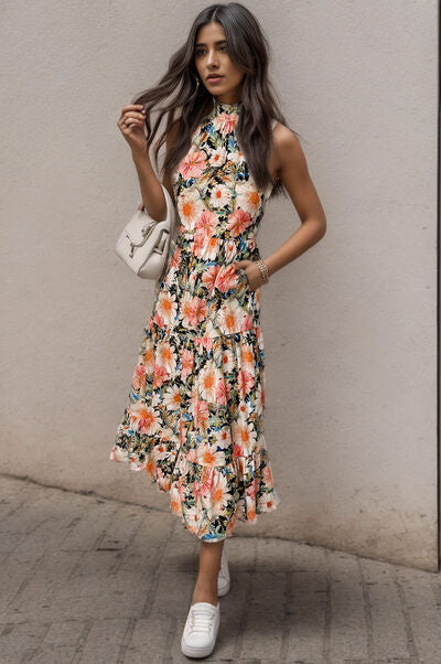 Summer Printed Tiered Pocketed Mock Neck Midi Dress