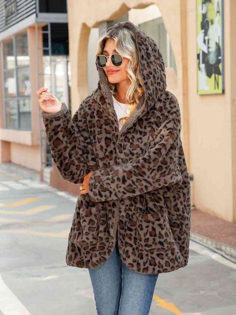 Lauren Leopard Hooded Coat with Pockets