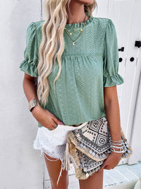 Lola Eyelet Mock Neck Flounce Sleeve Blouse