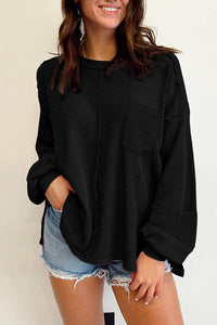 Addison Waffle-Knit Exposed Seam Lantern Sleeve Blouse