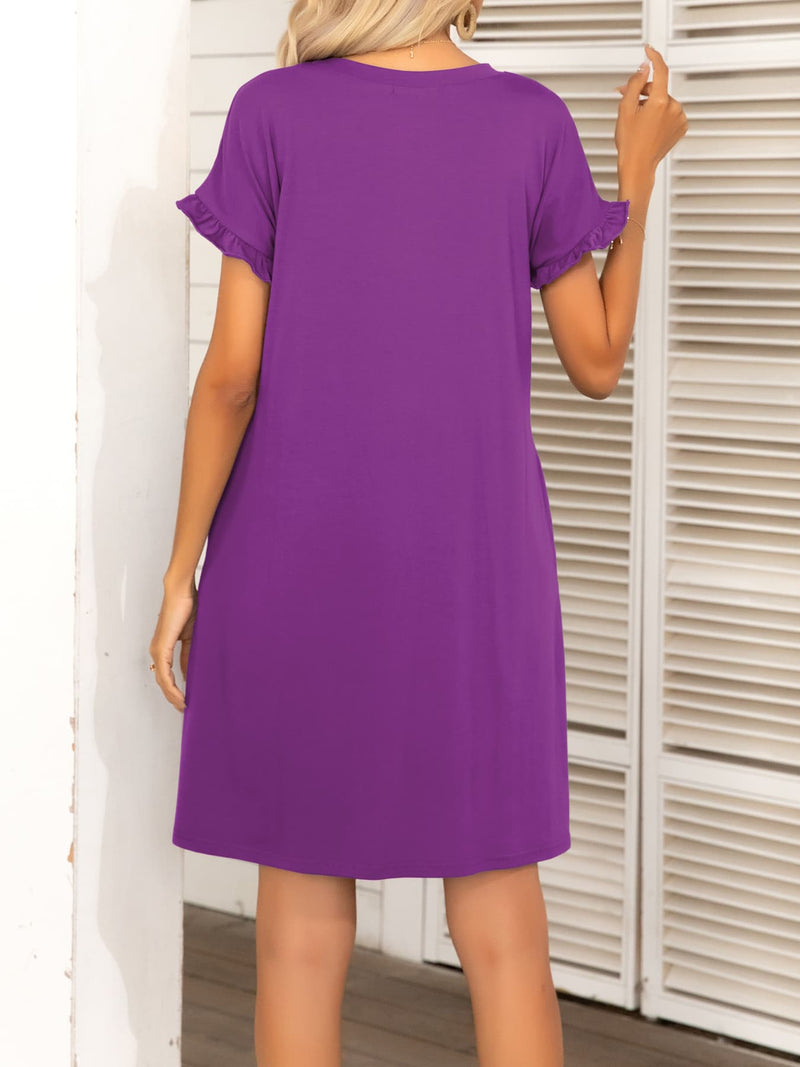 Round Neck Flounce Sleeve Dress with Pockets