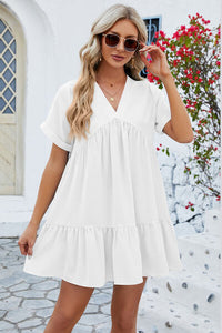 Kailani Ruched Tiered V-Neck Short Sleeve Mini Dress