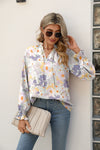 Printed Tie Neck Flounce Sleeve Blouse