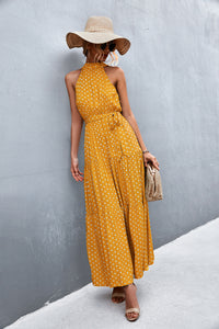 Printed Sleeveless Tie Waist Maxi Dress