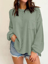 Addison Waffle-Knit Exposed Seam Lantern Sleeve Blouse