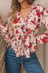 Violet Floral Drawstring Peplum Blouse