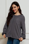 Addison Waffle-Knit Exposed Seam Lantern Sleeve Blouse