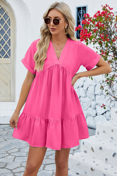 Kailani Ruched Tiered V-Neck Short Sleeve Mini Dress