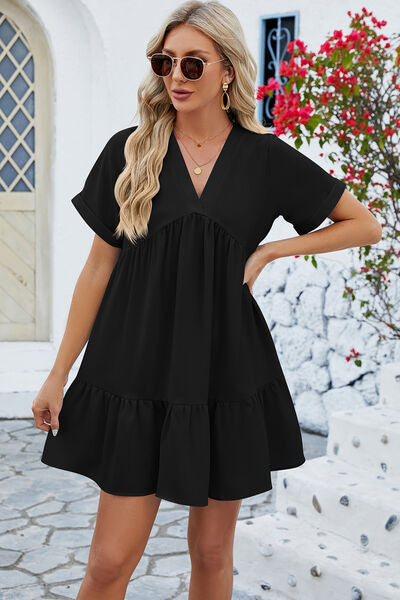 Kailani Ruched Tiered V-Neck Short Sleeve Mini Dress