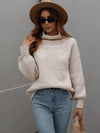 High Neck Balloon Sleeve Rib-Knit Pullover Sweater