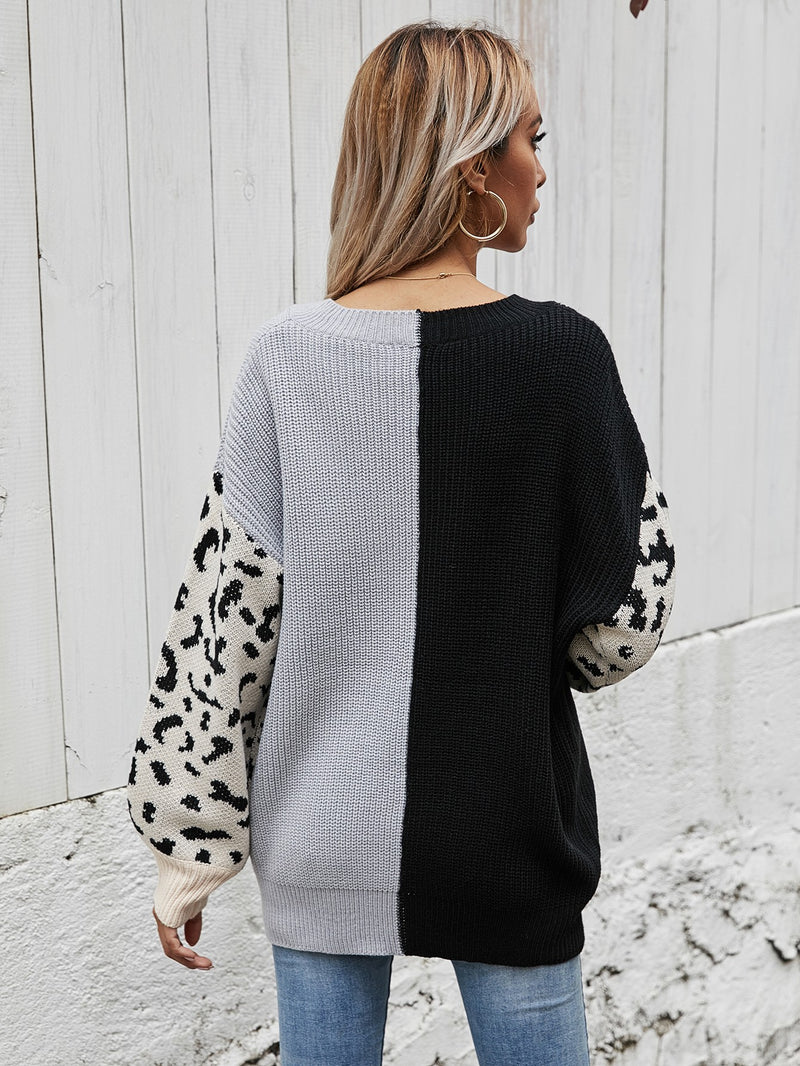 Leopard Color Block V-Neck Tunic Pullover Sweater