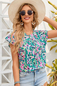 Brianna Printed Round Neck Cap Sleeve Blouse