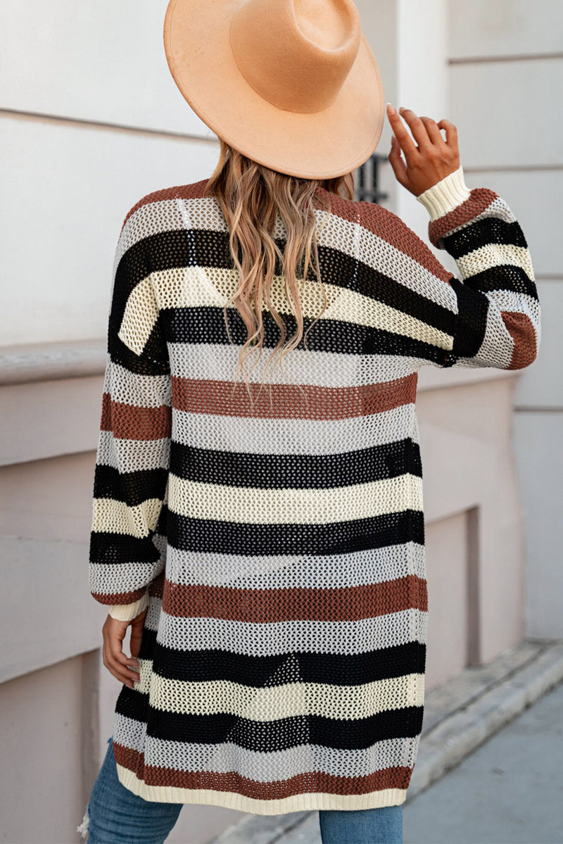 Striped Long Sleeve Openwork Cardigan