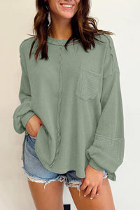 Addison Waffle-Knit Exposed Seam Lantern Sleeve Blouse