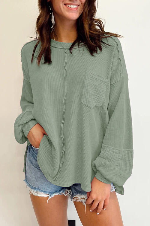 Addison Waffle-Knit Exposed Seam Lantern Sleeve Blouse