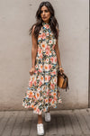 Summer Printed Tiered Pocketed Mock Neck Midi Dress