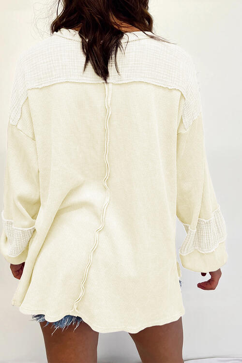 Addison Waffle-Knit Exposed Seam Lantern Sleeve Blouse